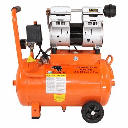 Bisonte SC012-025 direktmeghajtású, csendes, olajmentes kompresszor (8bar 25liter 850W)