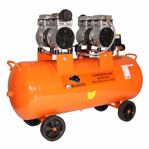 Bisonte SC024-100 direktmeghajtású, csendes, olajmentes kompresszor (8bar 100liter 2x850W)